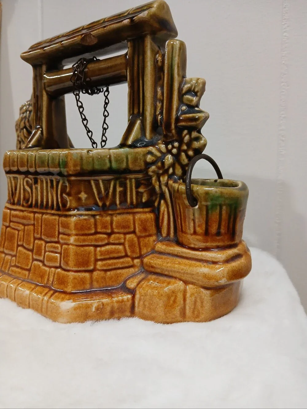 Vintage McCoy Pottery Ceramic Wishing Well Planter - Brown/Green Glaze